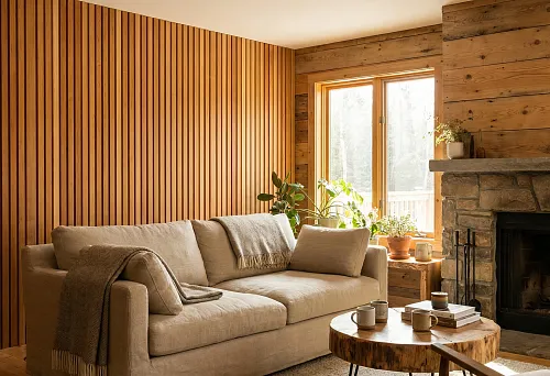 Wooden walls with vertical planks in modern interior