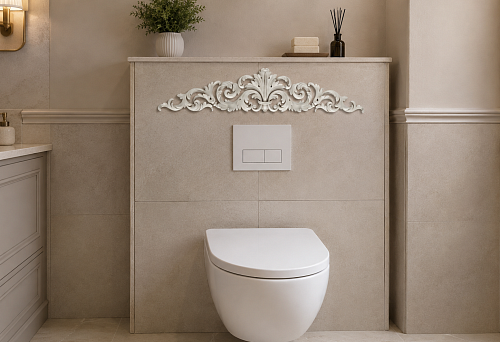 Carved overlay NPU-270 611 &times; 120 mm above the flush button on the installation cistern