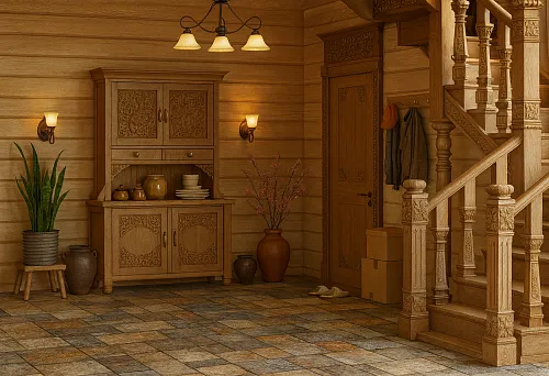 Interior with wooden furniture in modern Russian style, carved cabinet and staircase.