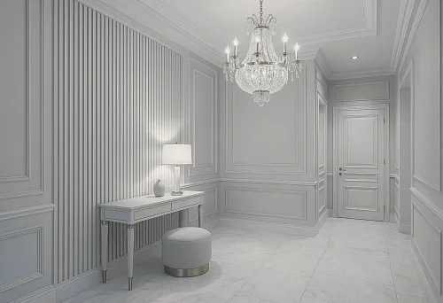 Interior with MDF strips 40&times;40 on the wall in a bright hallway