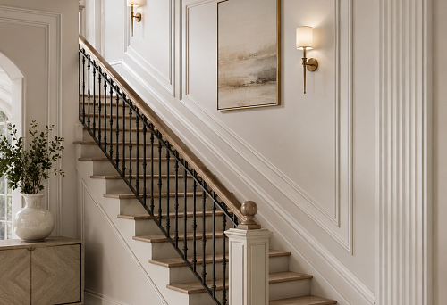 How to decorate a staircase with stucco: moldings, pilasters, and decor for the wall along the flight
