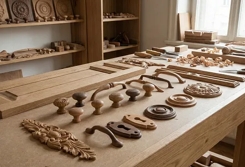 Wooden furniture handles and decorative door elements on a workbench in the workshop: a complete wooden decor set