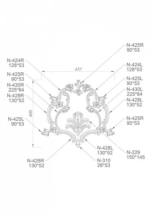 Wooden items with carved floral ornament and molding drawing
