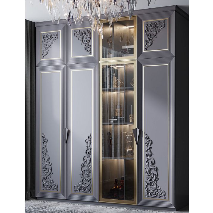 Furniture front with decorative wooden overlay featuring floral ornament