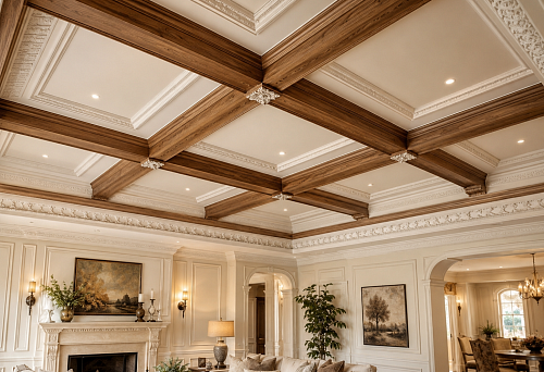 Decorative false beams on the ceiling: wooden block, slats, and polyurethane molding