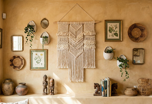 Boho style wall decor: macrame panels, mirrors, woven baskets and wall planters