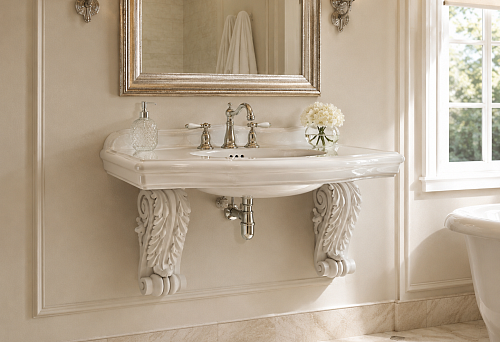 Two KRPU-003 carved decorative brackets under a wall-mounted sink