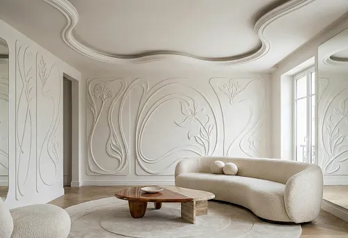 Modern interior with moldings: volumetric panels with plant relief on walls, light palette and organic lines without heavy classics.