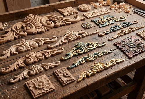 Carved wooden overlays for furniture: oak, beech, decor under enamel and natural texture