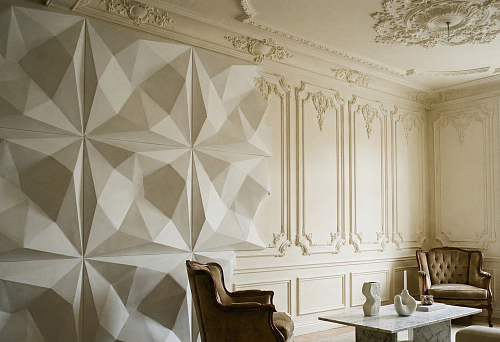 Volumetric panels on the wall combined with classic decor