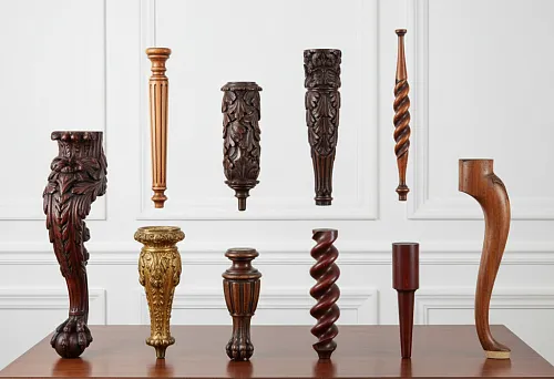Collection of carved tabletop legs in oak and beech in classic style