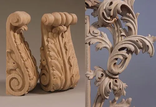 Carved wooden brackets with elegant patterns for creating decorative shelves.