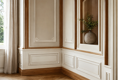 Corner wooden trim and polyurethane stucco for panels, niches, and internal corners