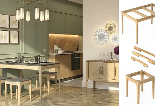 Modern kitchen with solid wood frame furniture: table, stools, and cabinet