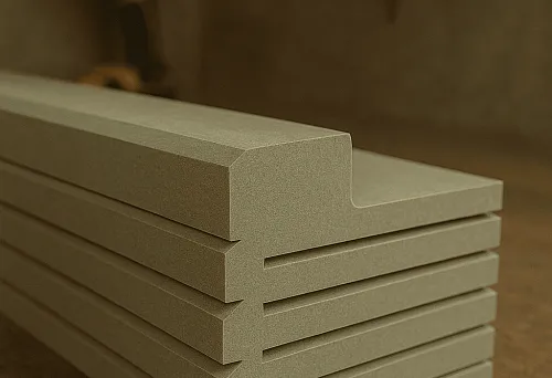 Stack of wooden baseboards with clear profile on workbench