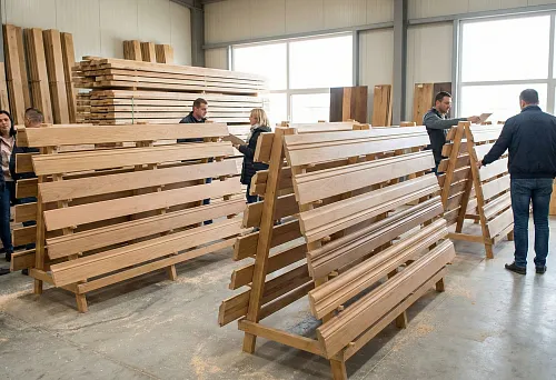 Wooden baseboards made of solid oak and beech on display racks in the manufacturer's warehouse