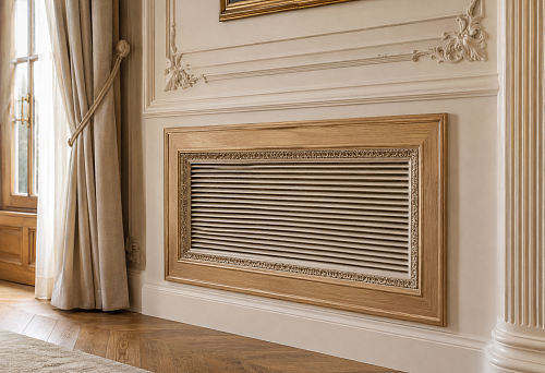 Ventilation grille in classic interior: wooden frame and polyurethane stucco