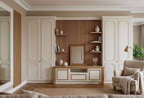 Stucco decor, wooden slats, and furniture moldings: how to design built-in furniture in a unified style