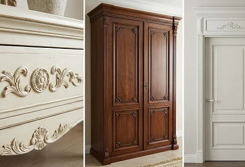 Polyurethane furniture molding: decorative overlay with ornament on a dresser facade close-up