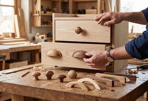 Knob handle and bracket handle made of wood for furniture facades