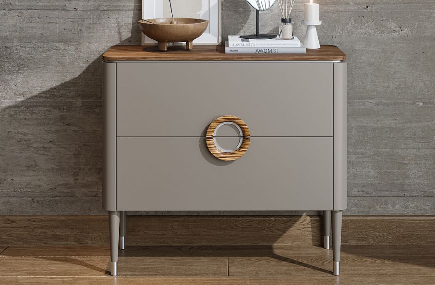 Dresser KMD-032 with modern round handles and slender legs in a steel room