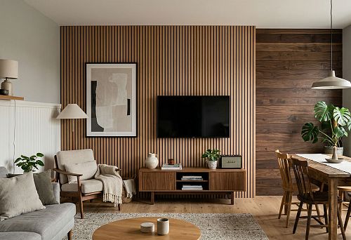 Wooden panels on the walls in the interior of the living room and dining room with slatted trim, TV area and wood-like wall finish