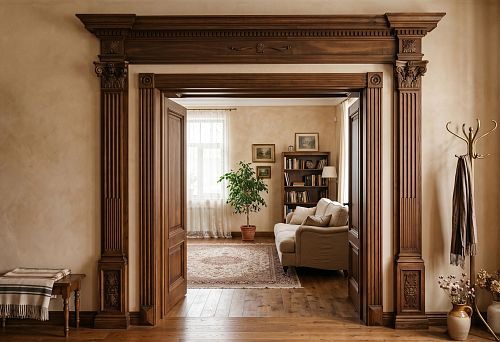 Wooden portal for a doorway without a door: how to design the transition between rooms with architraves, pilasters and a cornice