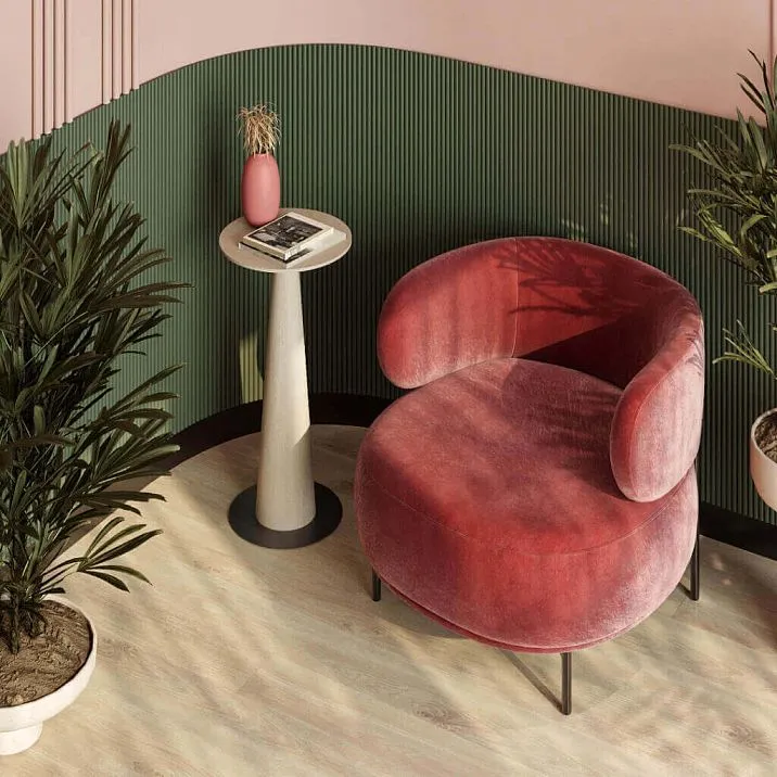 Green slatted panel PAN-002, fragment of a decorative wall with vertical slats and furniture