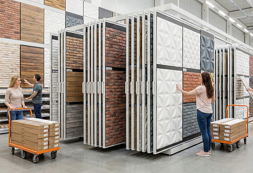 Finishing materials store: stand with decorative polyurethane wall panels, selection of textures without wet processes