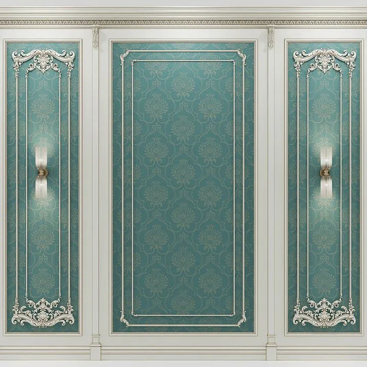 Corner decorative element MLD-4U-2.1L in classic wall panel design with moldings and carved decor