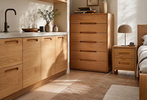 Inset wooden handle on kitchen cabinet front