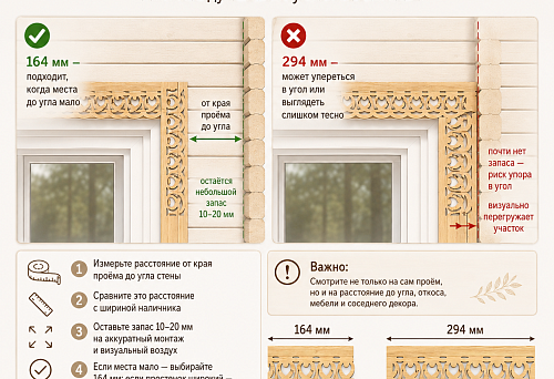 Comparison of carved window casings NL-7, 164 and 294 mm wide, in a narrow wall section between a window and a wall corner