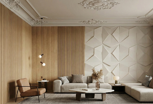 Volumetric decor 2026 in the living room: wooden slats on the wall, 3D panels and stucco elements on the ceiling
