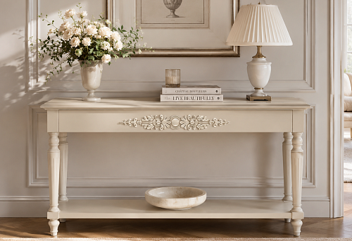 Carved polyurethane overlay NPU-074 on the front rail of a console table