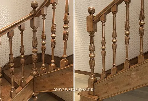 Wooden balusters with carving and gold accents on the second-floor staircase