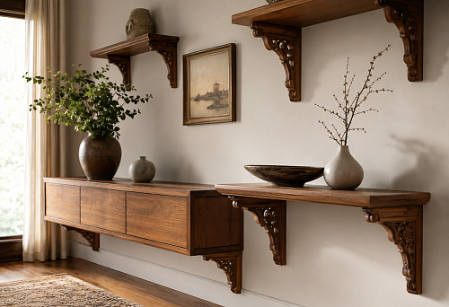 Floating furniture with character: wooden brackets for cabinet, console, and open shelving