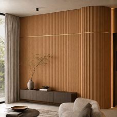 Interior with a slatted panel PAN-003 on the wall in a modern style.