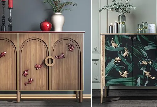 Two designer side tables with expressive facades