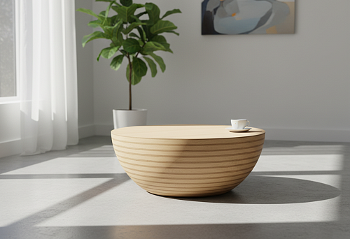 Modern table base in the form of a low, rounded wooden structure with a smooth surface