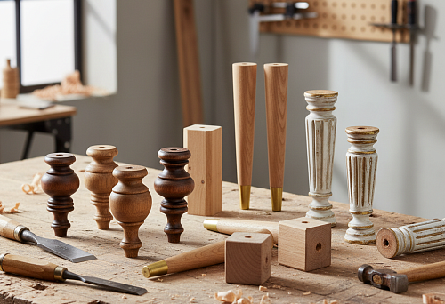 Various types of wooden legs for a cabinet on a workbench, including turned, tapered, and shaped models in the process of manufacturing.