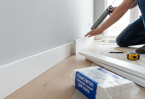 Installation of White Polystyrene Floor Skirting Board Using a Glue Gun in a Modern Interior