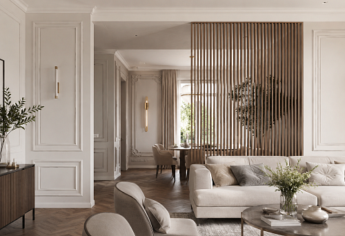 Interior with a slatted partition, moldings, and decorative stucco without clutter