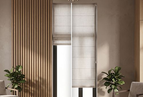 Carved decorative overlay NPU-125 300 &times; 78 &times; 10 mm above a narrow window with a Roman shade next to slatted panels without a full window portal