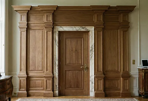Classic interior with a large wooden door portal made of carved panels and columns; a marble insert frames the door