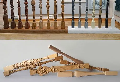 Collection of Carved Wooden Balusters and Elements for Staircase Decoration.