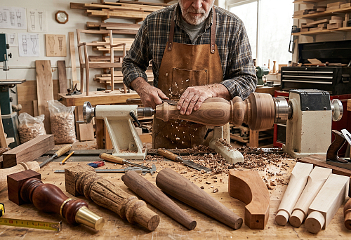 A craftsman makes a custom furniture leg on a lathe in a carpentry workshop