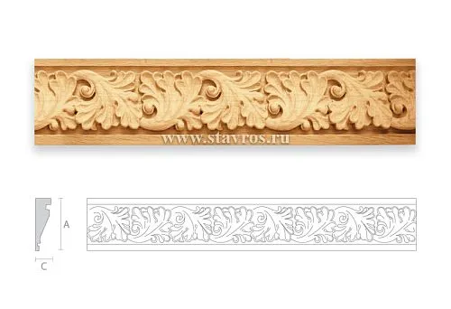 Carved wooden strip with plant ornament for window framing