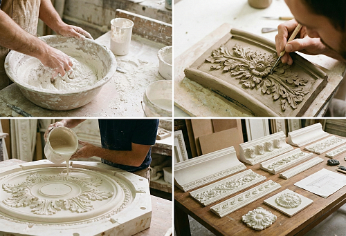 Stucco Decor Production: Master Mixes Composition in a Large Container, Preparing Mixture for Casting