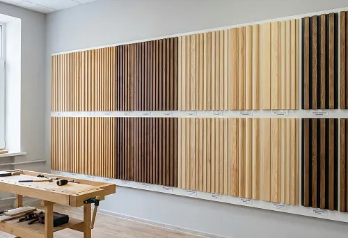 Decorative solid wood planks on wall sample displays