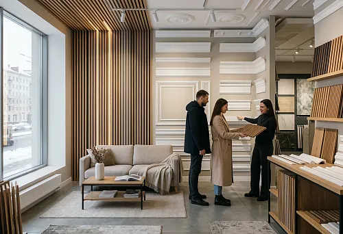 Buy slatted panels in Minsk and polyurethane stucco decor in a modern interior salon with finishing samples